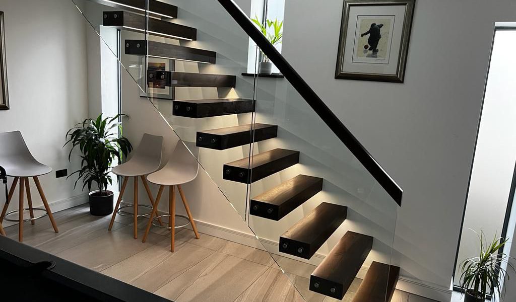 An image of floating stairs handcrafted by Colebarn Interiors, Derbyshire.