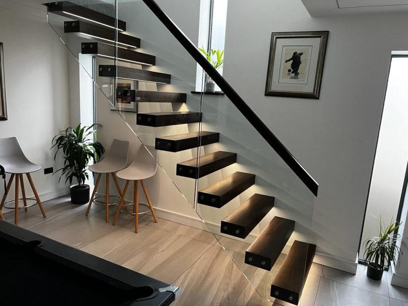 An image of floating stairs handcrafted by Colebarn Interiors, Derbyshire.