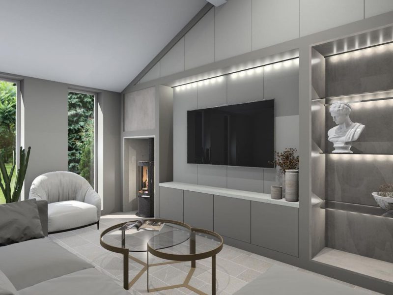 A living room interior design project by Colebarn Interior Design, Derbyshire. The room is modern and features a media wall. The walls are painted in a light grey colour.