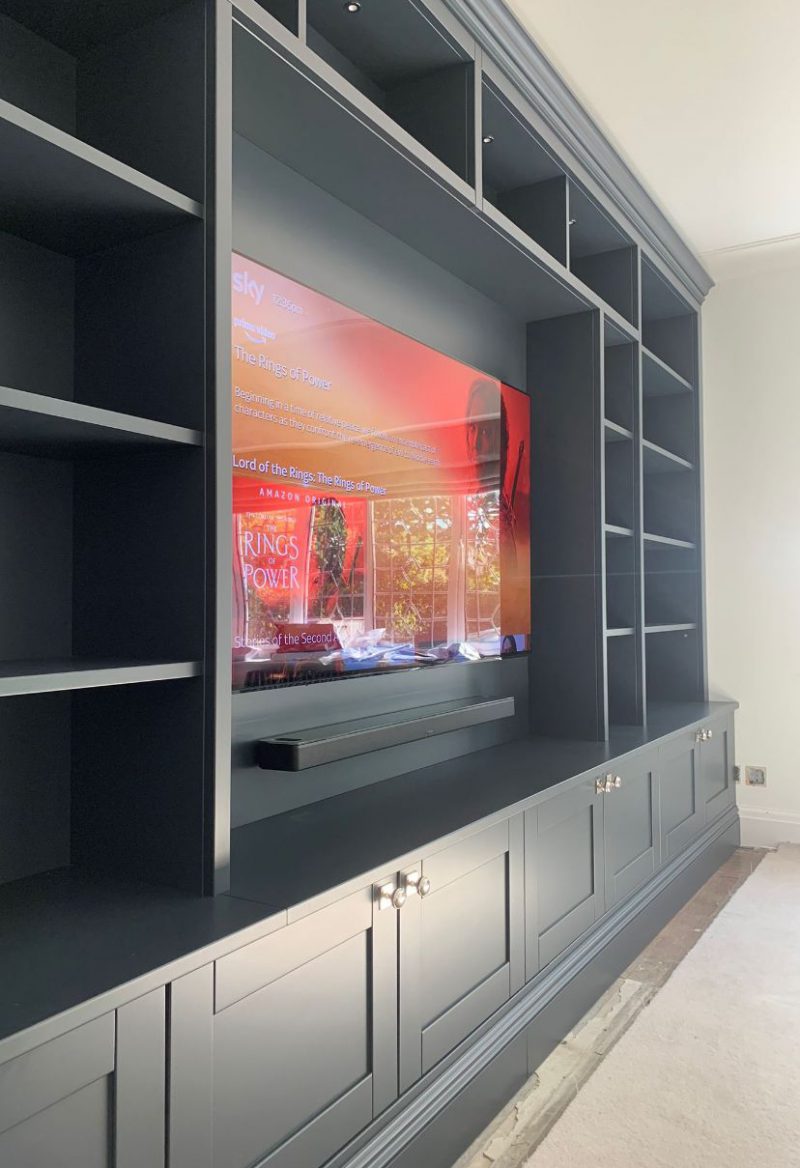 An image of a media centre handcrafted by Colebarn Interiors, Derbyshire.